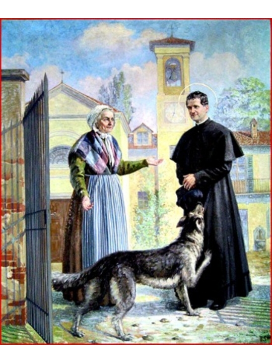 Zeichnung Hund mit Don Bosco und dessen Mutter Margareta 