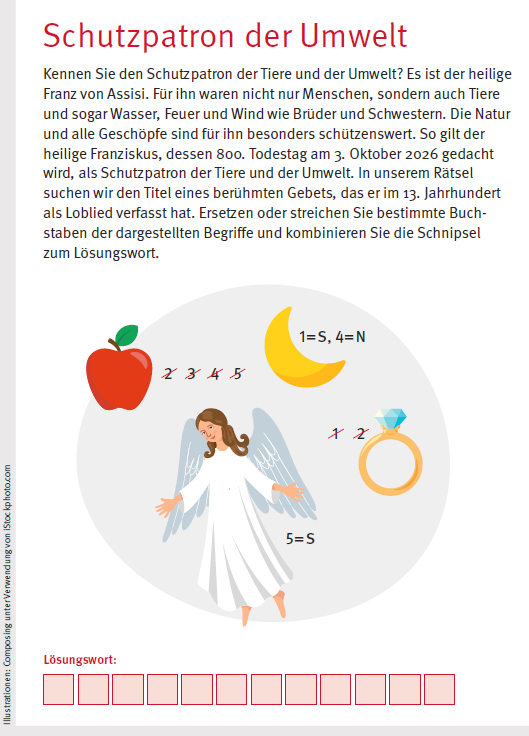 R&auml;tsel mit &Uuml;berschrift Schutzpatron der Umwelt und Zeichnungen
