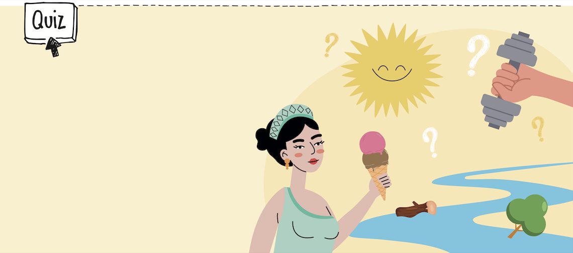 Quiz Juni 2026 - Illustration Sonne, Fluss, Hand mit Hantel, römische Göttin mit Eis