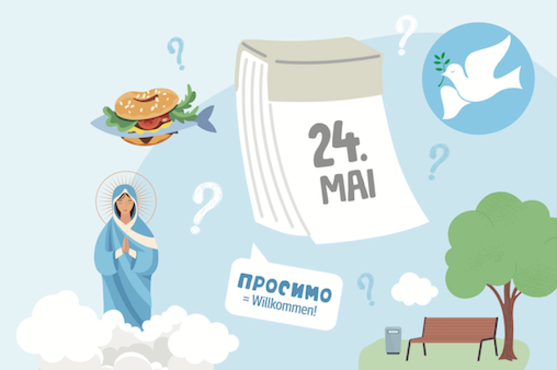 Quiz Mai 2026 - Illustration Friedenstaube, Marienstatue, Kyrillische Schrift, Fischbrötchen, Park