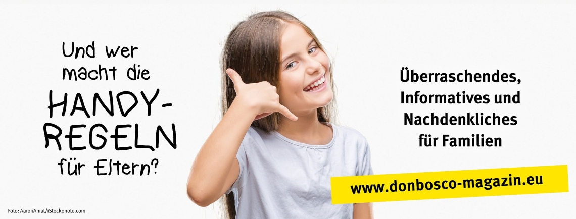 Mädchen macht Telefonierbewegung, dazu Schrift: Und wer macht die Handy-Regeln für Eltern?
