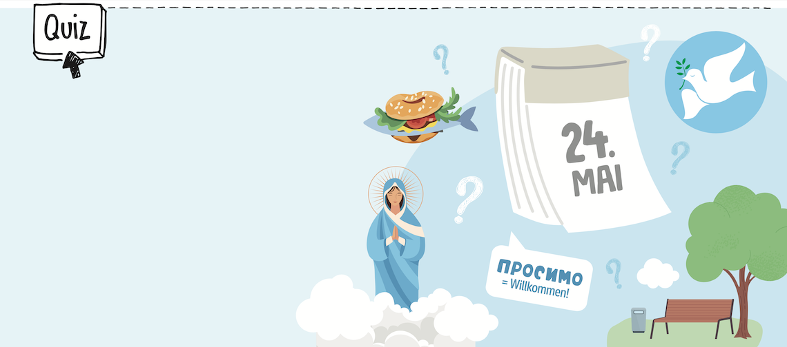 Quiz Mai 2026 - Illustration Friedenstaube, Marienstatue, Kyrillische Schrift, Fischbrötchen, Park