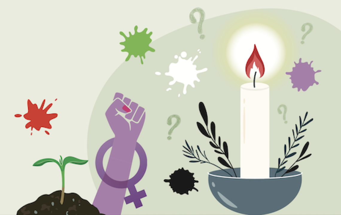 Quiz April 2026 - Illustration weisse Kerze, rote Flamme, grüner Keimling, schwarze Erde, violette Faust mit Venussymbol