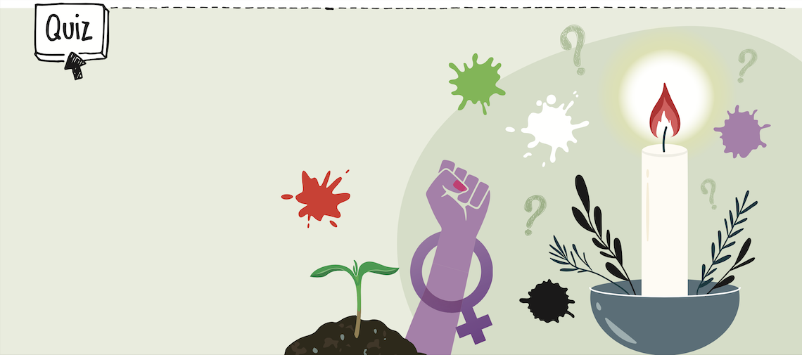 Quiz April 2026 - Illustration weisse Kerze, rote Flamme, grüner Keimling, schwarze Erde, violette Faust mit Venussymbol