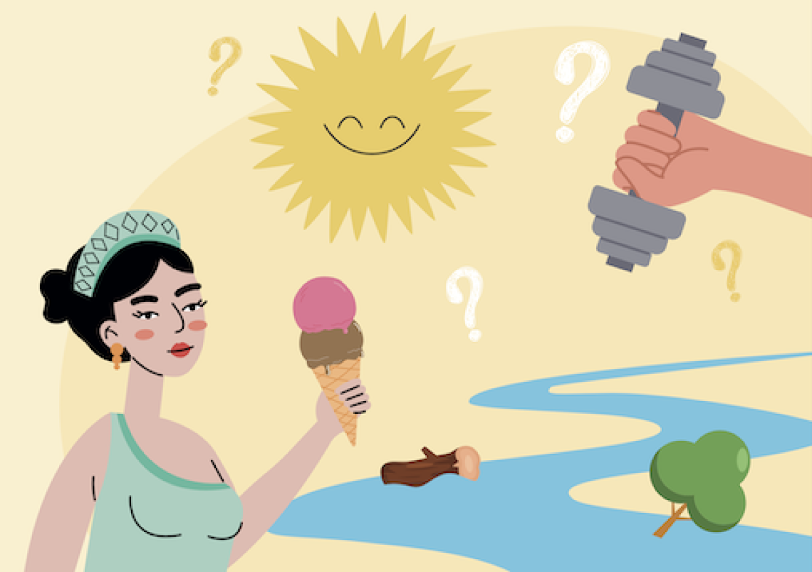 Quiz Juni 2026 - Illustration Sonne, Fluss, Hand mit Hantel, römische Göttin mit Eis