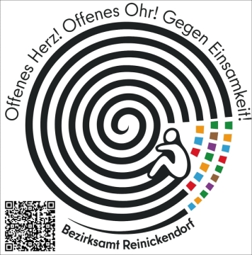Grafik Labyrinth mit Mensch und bunten Quadraten QR Code und Schrift Offenes Herz! Offenes Ohr gegen Einsamkeit! Bezirksamt Reinickendorf