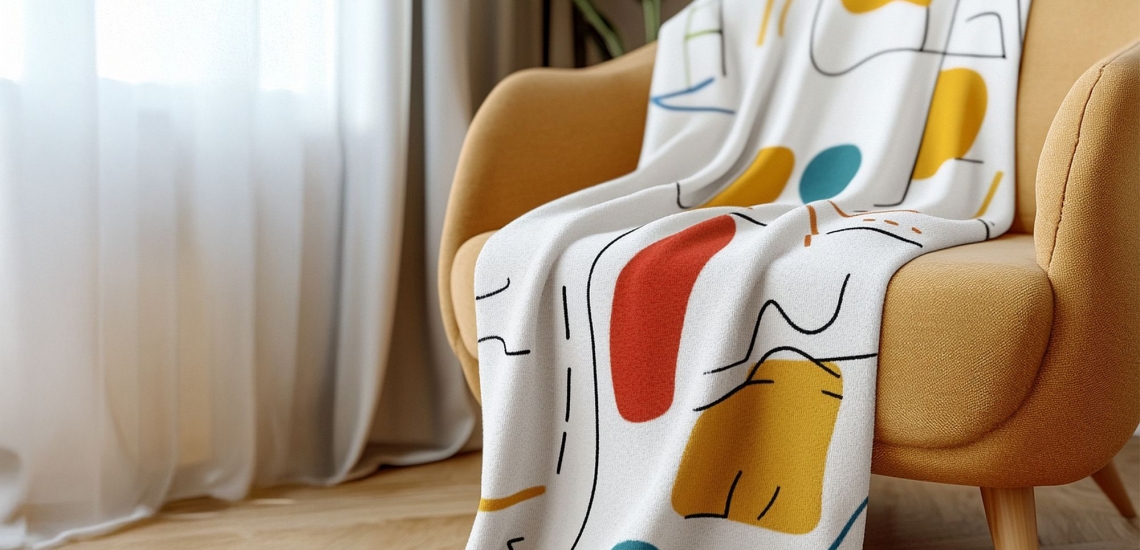 Decke mit buntem grafischen Muster liegt über gelbem Sessel