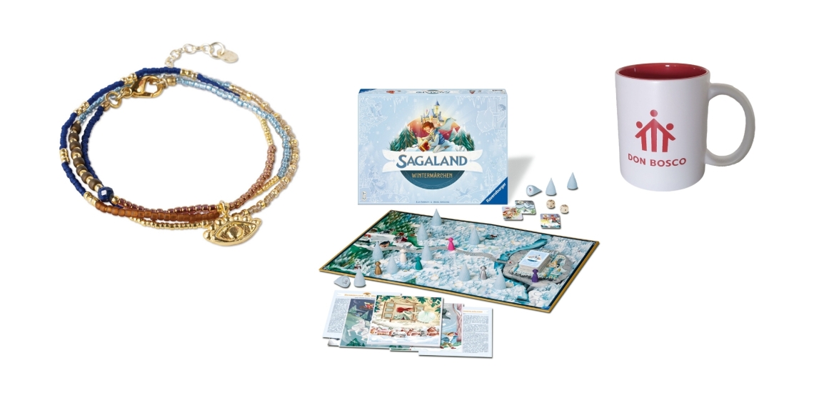 Armband, Spiel Sagaland und Tasse mit Don Bosco Logo