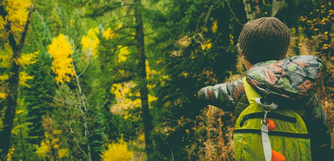Jugendlicher mit Mütze und Rucksack im Wald zeigt mit dem Finger nach vorne