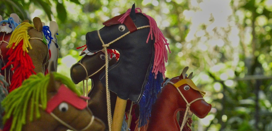 mehrere farbenfrohe Steckenpferde in der Natur