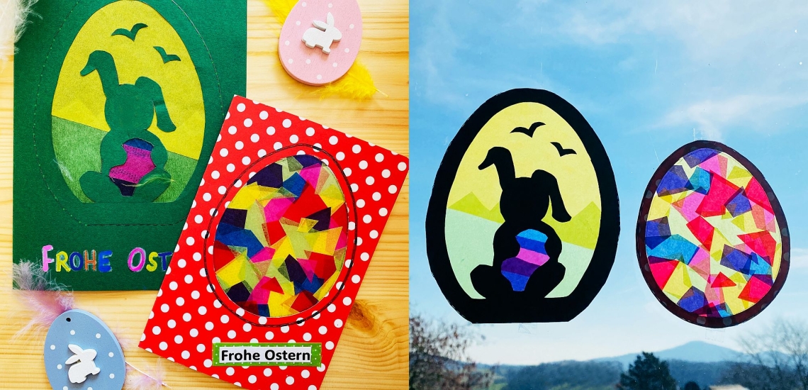 Bunte Karten mit Ostermotiven, daneben Fensterbilder aus schwarzem Karton mit buntem Transparenzpapier hinterlegt