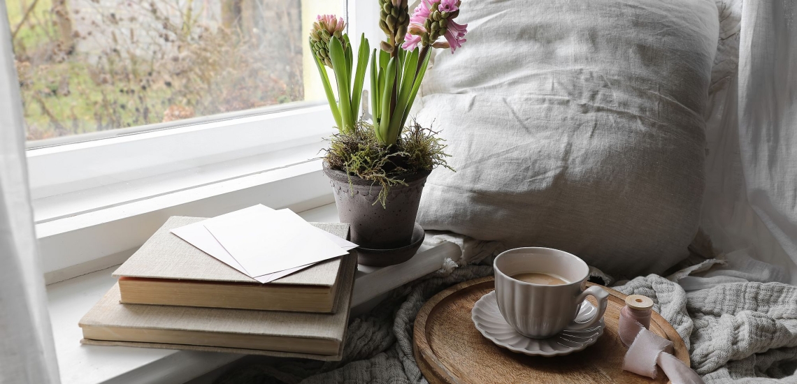 Bücher mit Zetteln, Tasse, Blume und Kissen gemütlich vor Fenster 