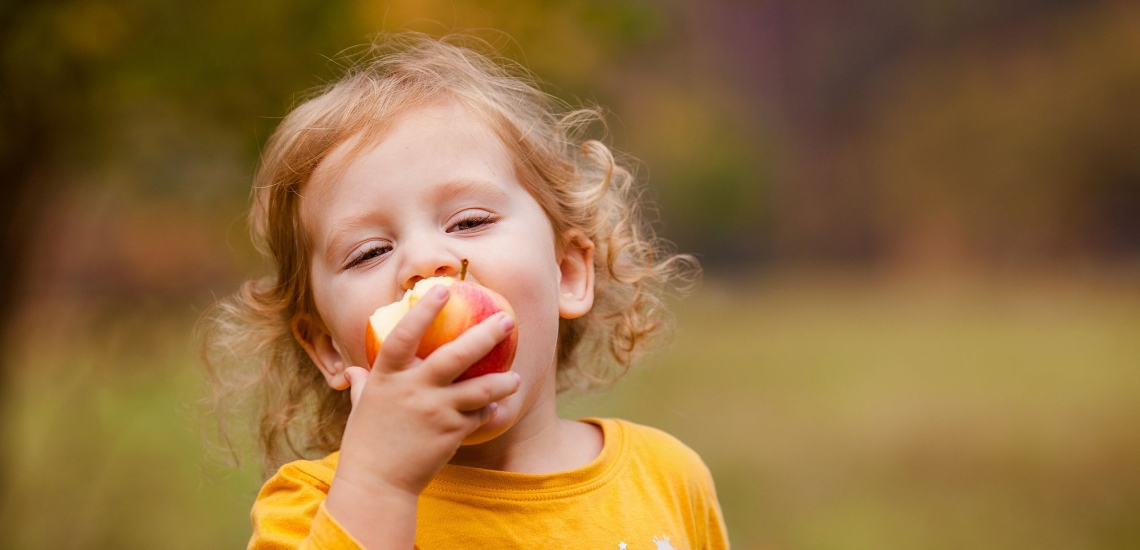 Kind in herbstilcher Natur beißt in einen Apfel 