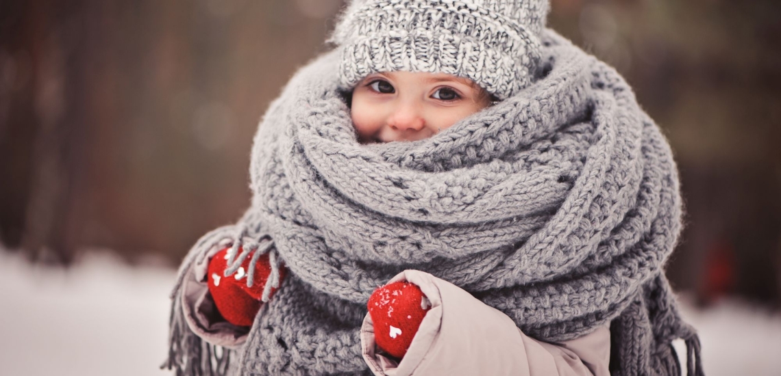 Mädchen lächelnd dick eingepackt in Mütze, Schal und Handschuhe 
