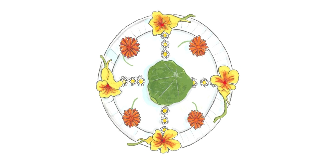 Pappteller mit Mandala aus Blüten