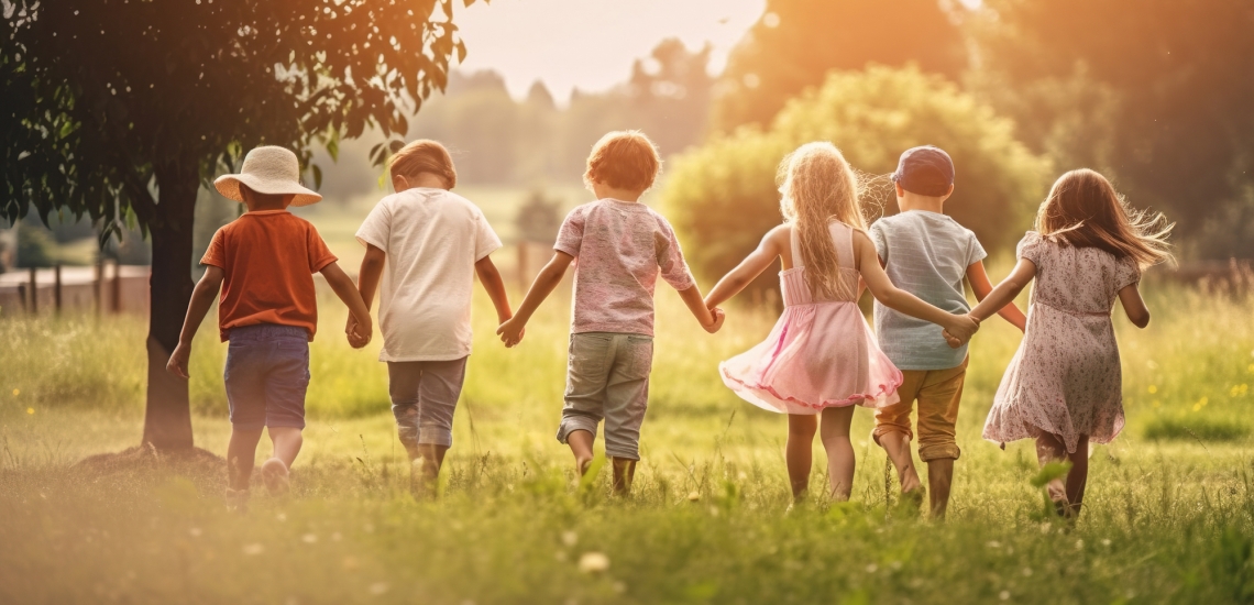 Kinder laufen Hand in Hand über eine Sommerwiese.