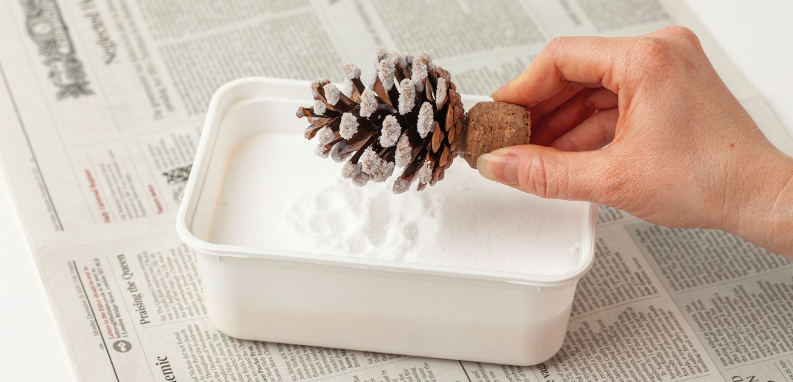 Pinienzapfen wird in Farbpulver eingetaucht