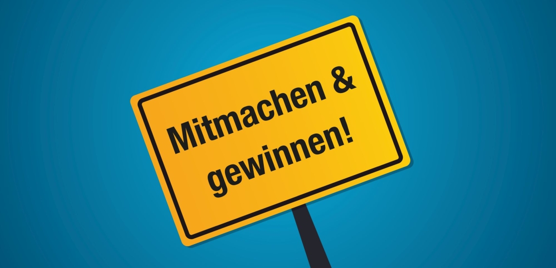 Gelbes Schild Mitmachen und gewinnen 