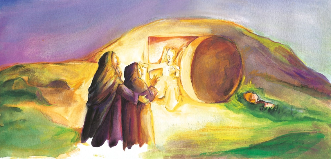 Illustration zwei Frauen und Engel vor leerem Grab 