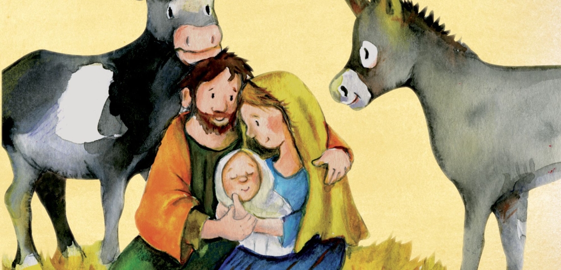 Illustration Maria und Josef im Stall mit dem neugeborenen Jesuskind und Ochse und Esel 