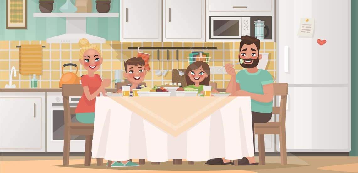 Illustration Familie glücklich beim Essen in der Küche 