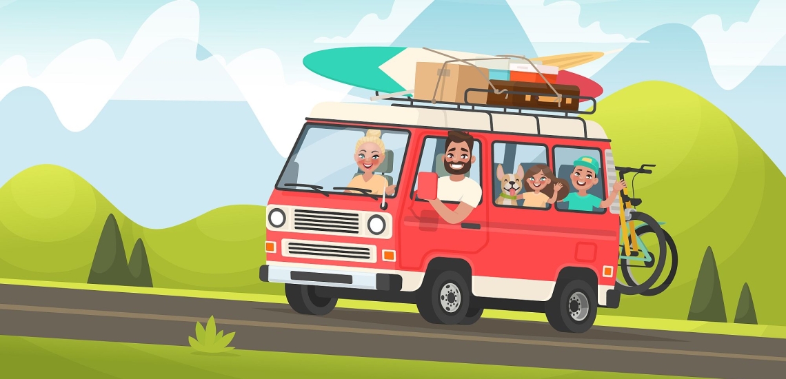 Illustration Familie in Kleinbus mit Hund und viel Gepäck 