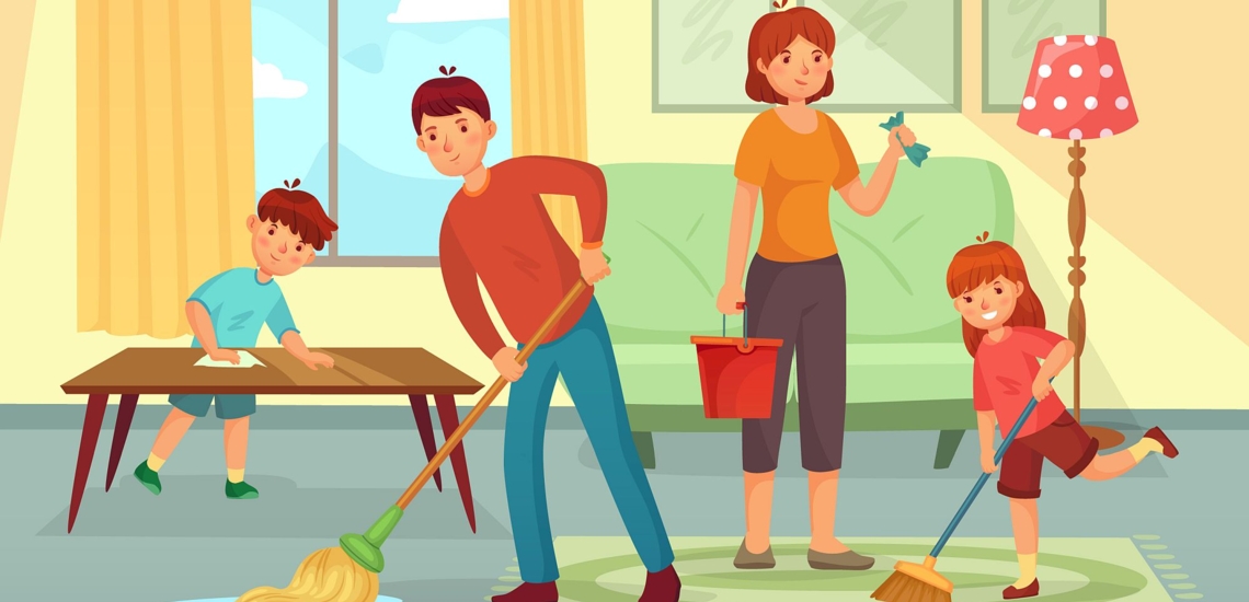 Illustration Familie putzt gemeinsam das Wohnzimmer 