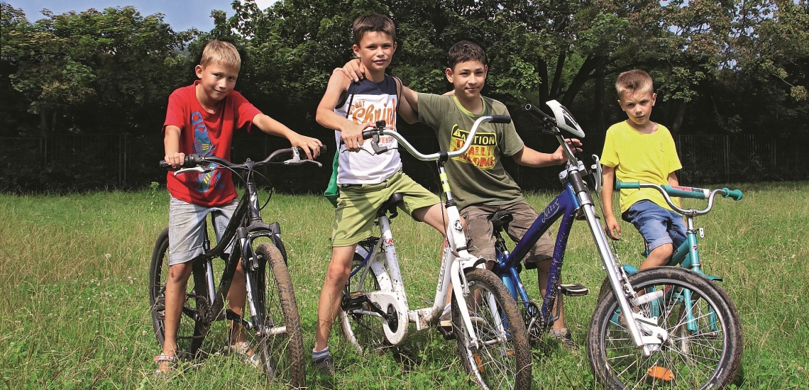 Vier Jungen mit Fahrrädern auf einer Wiese 