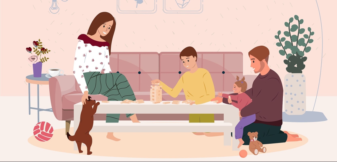 Illustration Familie spielt am Wohnzimmertisch 