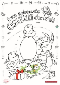 Ausmalbild mit Hasen, Küken und Ei und Schriftzug Das schönste Osterei der Welt