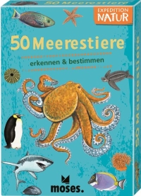 Box mit Aufschrift 50 Meerestiere, Zeichnungen von Oktopus, Pinguin, Fischen und Korallen