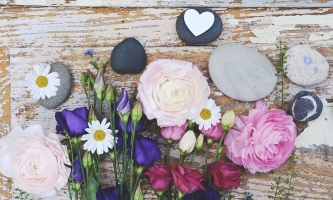 Blumen und Steine auf einem rauen Holzbrett