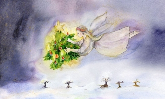 Illustration Christkind trägt Tannenbäumchen 