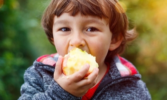 Kind isst genussvoll Apfel in Natur 