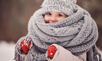 Mädchen lächelnd dick eingepackt in Mütze, Schal und Handschuhe 