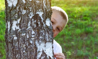 Junge schaut schüchtern hinter Baum hervor