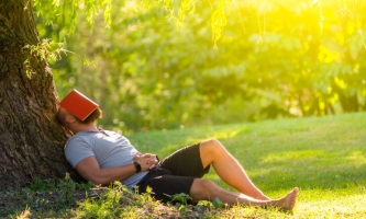 Mann liegt unter Baum mit einem Buch auf dem Gesicht 