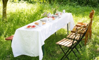 Gedeckter Tisch mit Stühlen auf einer Wiese 