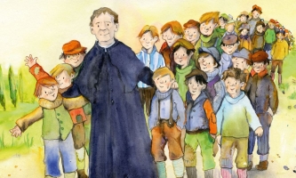 Illustration Don Bosco mit Kindern 