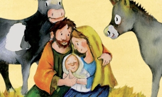 Illustration Maria und Josef im Stall mit dem neugeborenen Jesuskind und Ochse und Esel 