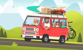 Illustration Familie im Kleinbus mit Hund und viel Gepäck 