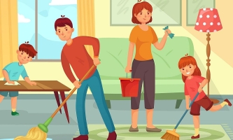 Illustration Familie putzt gemeinsam das Wohnzimmer 