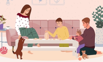 Illustration Familie spielt am Wohnzimmertisch 