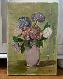 &Ouml;lgem&auml;lde auf Leinwand zeigt eine Vase mit Hortensien
